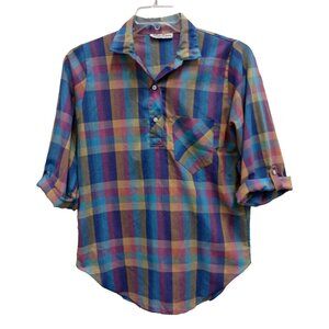 Vintage 70s Lucky Winner Blouse Womens Large Plaid 3/4 Sleeve BOHO Western